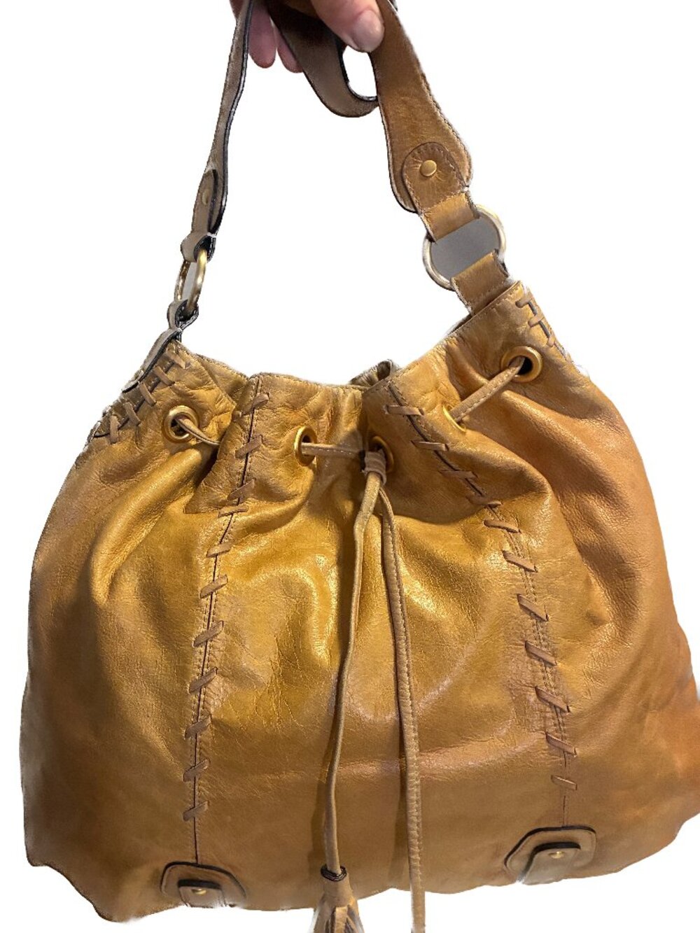 Vintage Fossil Butterscotch Tan Leather Whipstitch Drawstring Hobo Shoulder Bag